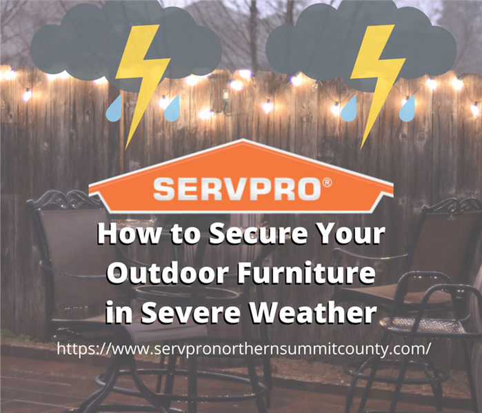 outdoor furniture with storm clouds and "How to Secure Your Outdoor Furniture in Severe Weather"